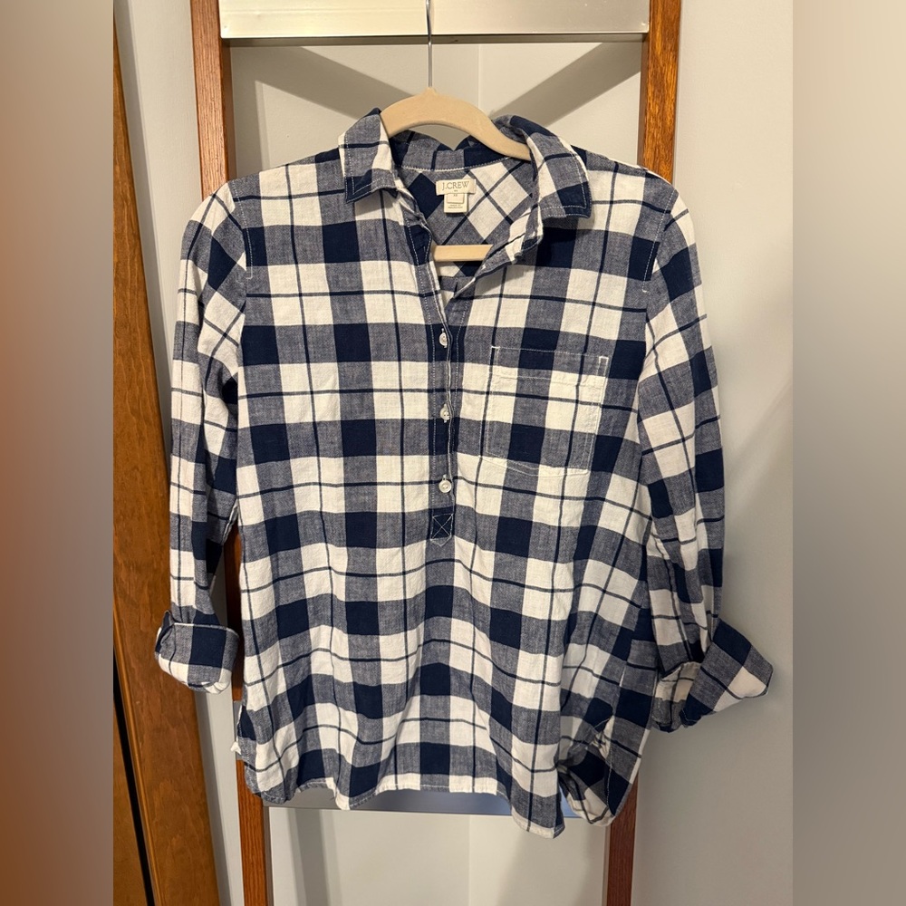 J. Crew Navy Checked Long Sleeve Cotton Henley